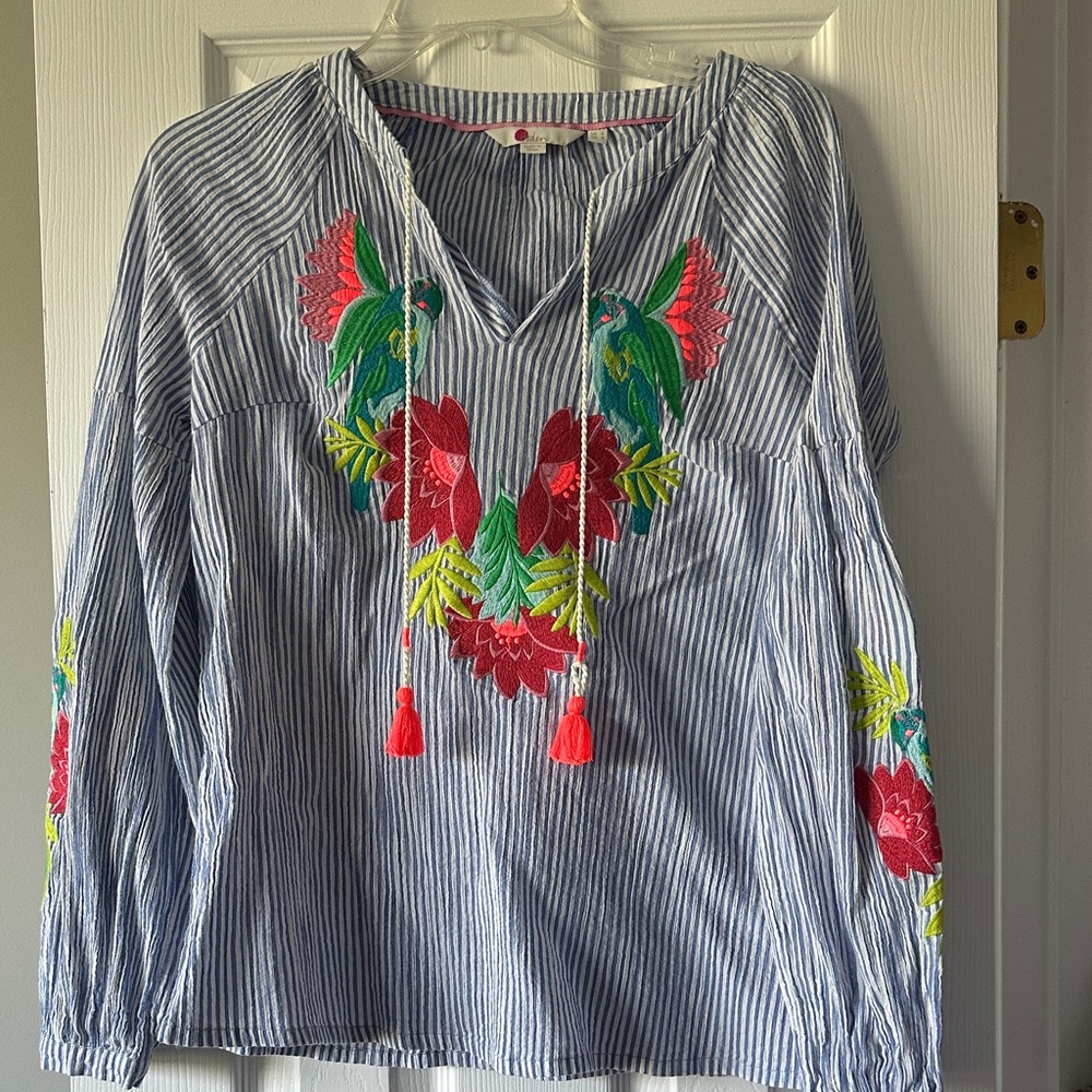 Boden Blue and White Striped Top with Pink Trim